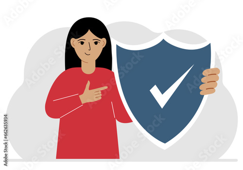 A man holds a shield in his hand, a symbol of insurance. Vector