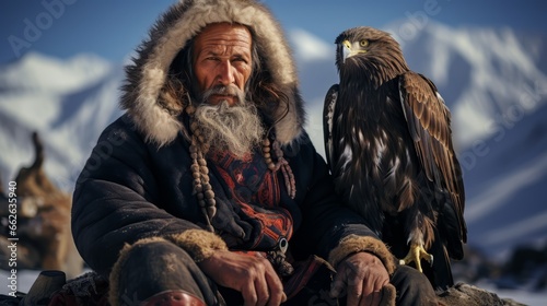 Portrait of a desert nomad with his eagle