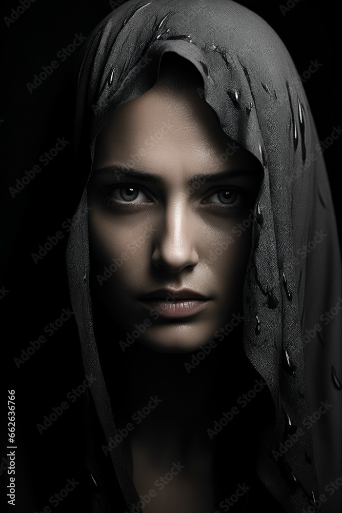 Woman with veil on her head and eyes.