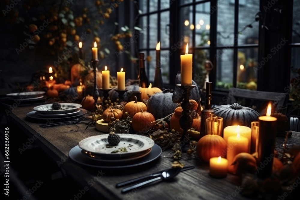 Halloween table setting with decorations, pumpkins, glasses and plates.