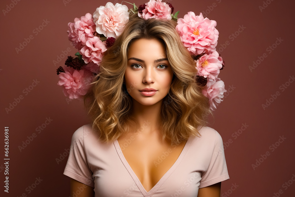 Woman with flowers in her hair and pink shirt.