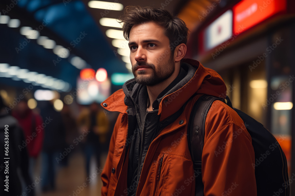 Man with beard and backpack standing in subway station. - obrazy, fototapety, plakaty 