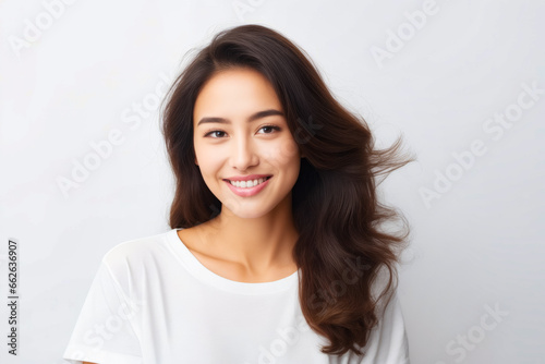 Woman with long hair smiling at the camera with white background.