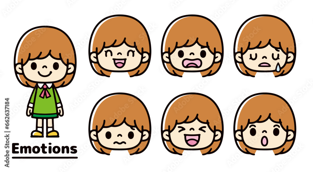 Set of icons with different expressions of girls Set of icons with different expressions of girls
