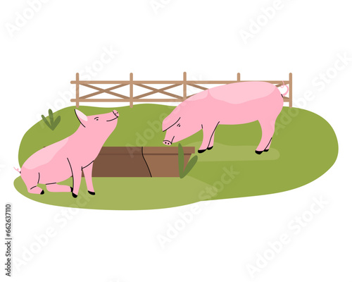 Pink pigs feeding. Pig eating from trough. Hand drawn funny contemporary drawing farm animals. Rural landscape. Standing and sitting mammal, green grass , cartoon flat isolated vector illustration