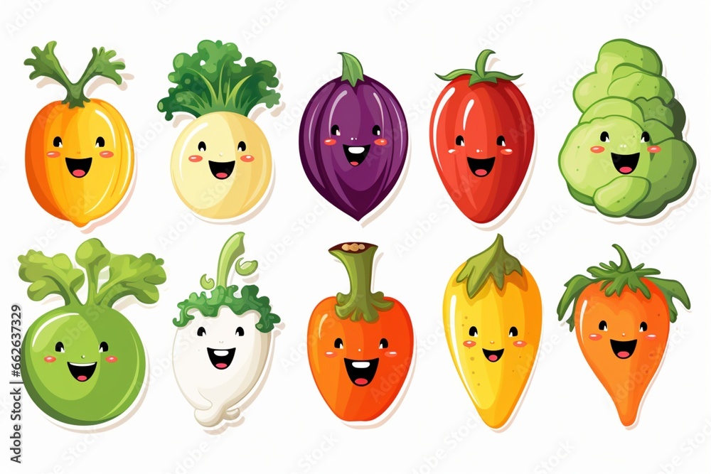 set of vegetables with faces on white