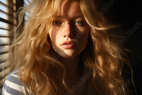 Woman with long blonde hair and blue eyes is looking at the camera.