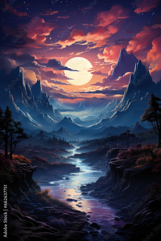 Illustration of nature and mountain with big sun and river. Evening time. AI Generative