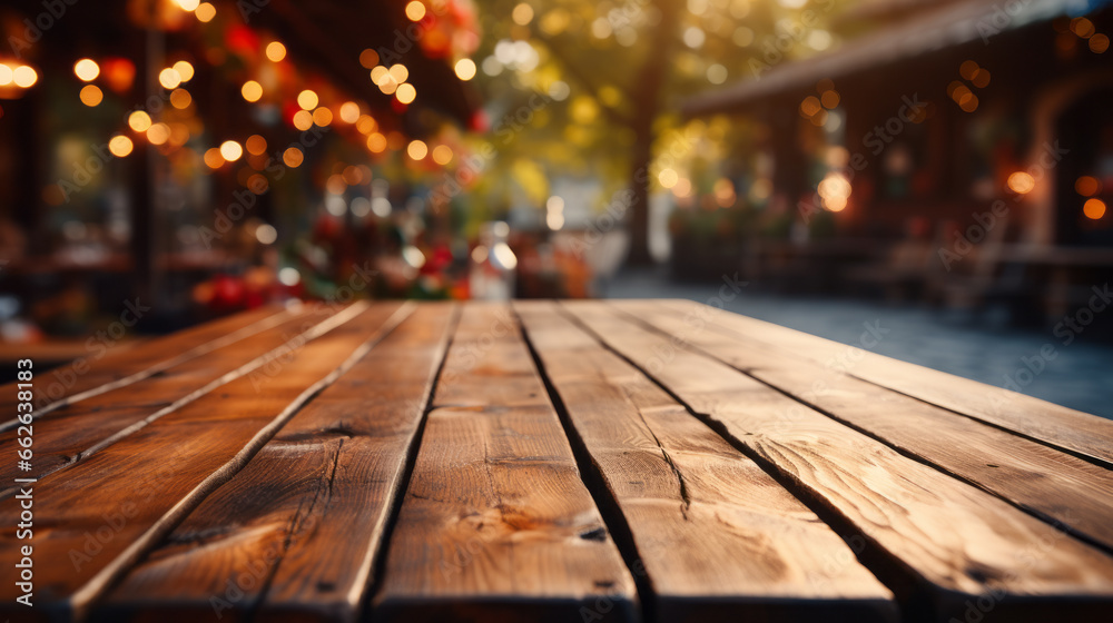 Wooden table on blurred lights autumn background Wooden table on blurred lights autumn background