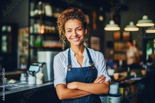 Portrait of a cheerful attractive satisfied smiling young woman with crossed arms and wearing apron working in a coffee shop © Goffkein