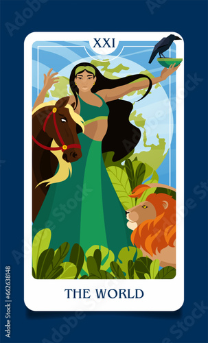 The map of the senior arcana is the world. Occult esoteric spiritual Tarot. Numerology and fortune telling. Modern vector illustrations