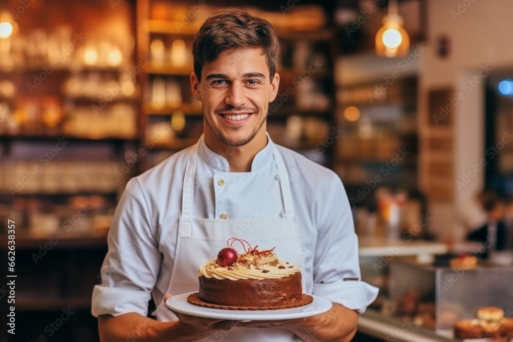 Portrait of joyful adult handsome satisfied smiling pastry chef man wearing white uniform and holding plate with cake working in pastry shop