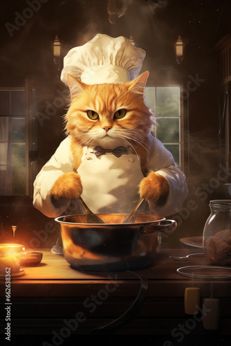 Head chef cat cooking a meal in the kitchen. AI Generative