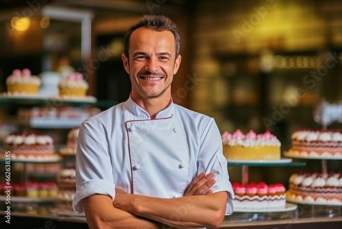 Portrait of joyful adult handsome satisfied smiling pastry chef man wearing white uniform with crossed arms working in pastry shop © Goffkein