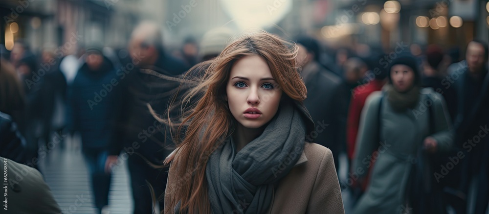 Blurred image of a city crowd with indistinguishable faces Depressed young woman stationary in sorrow With copyspace for text