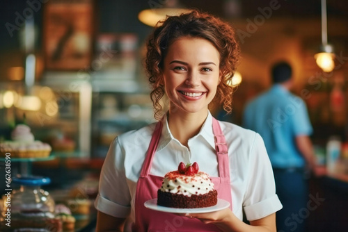 Portrait of cheerful young attractive satisfied smiling pastry chef woman wearing apron and holding plate with cake working in pastry shop