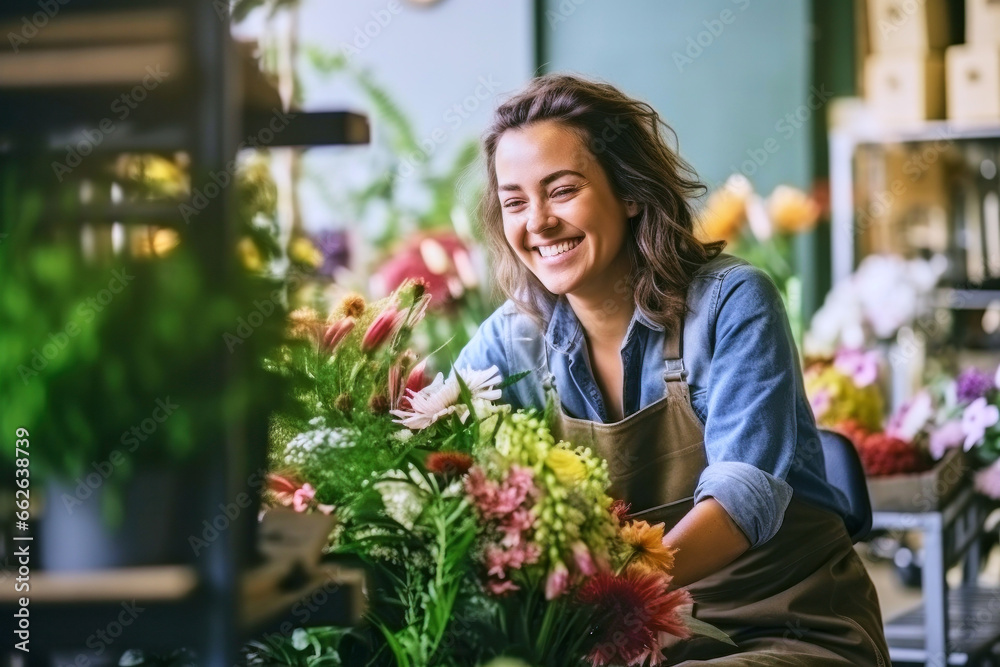 Portrait of a satisfied attractive joyful laughing woman florist working in a flower shop