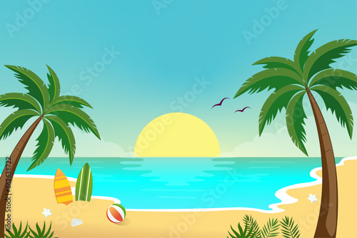 Fototapeta Naklejka Na Ścianę i Meble -  Gradient tropical summer beach background with palm trees and beach