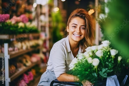 Portrait of a satisfied attractive joyful laughing woman florist working in a flower shop © Goffkein