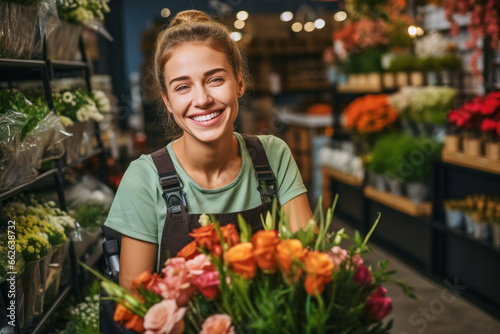 Portrait of a satisfied attractive joyful laughing woman florist working in a flower shop photo