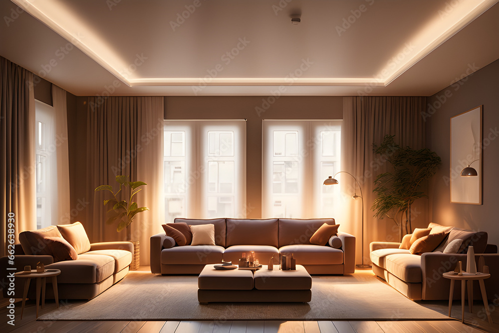 Fototapeta premium Picture a living room with a warm atmosphere, with warm light shining through a three-seater sofa, two single sofas, and a twin. Generate AI