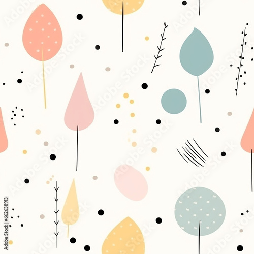 Seamless pattern with cute hand drawn doodle flower & trees minimal