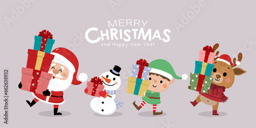 Merry Christmas and happy new year greeting card with cute Santa Claus, little elf, snowman and deer. Holiday cartoon character in winter season. -Vector © Dusida