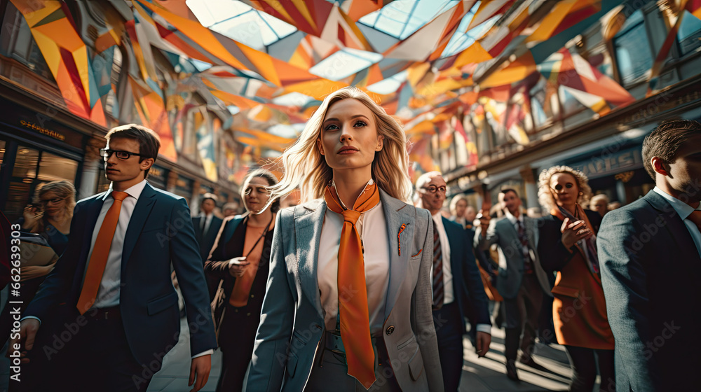 Fototapeta premium In the Midst of London: Businesswoman's Successful Stroll - Fictional Person, Generative AI
