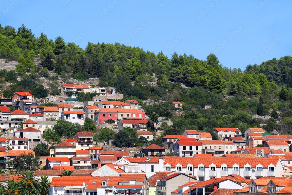 Obraz premium Promenade in Vela Luka, picturesque small town on island Korcula, Croatia.
