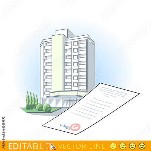Seal-stamped documents in front of green plants and residential buildings as background.
