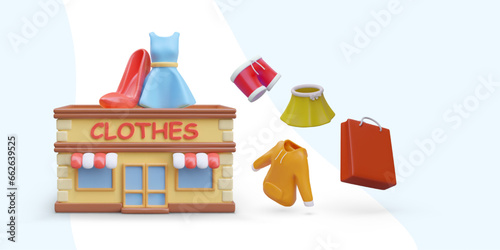 3D store of clothes and shoes. Vector building, dress, shoes, skirt, hoodie, shorts. Unlabeled package, mockup, place for logo. Shopping concept. Color illustrations for web design