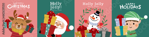 Merry Christmas and happy new year greeting card with cute Santa Claus, little elf, snowman and deer. Holiday cartoon character in winter season. -Vector