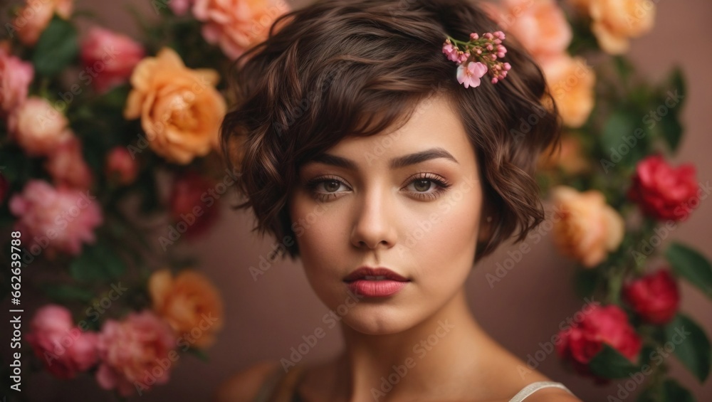 Naklejka premium Attractive brunette girl with big beautiful bouquet of flowers. Beautiful white girl with flowers. Pretty woman with bright cherry lipstick. Art portrait with flowers.