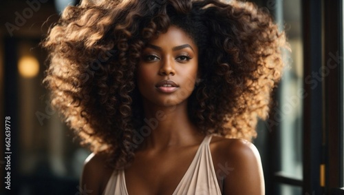 Beauty Fashion model. Black woman face & beautiful voluminous hair. Afro american girl with bright cherry lipstick on her lips. Beauty skin female face.