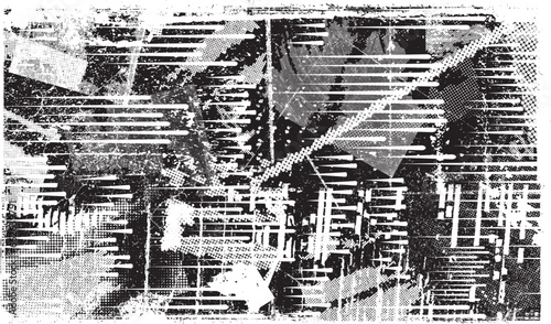 Glitch distorted grange shape . Noise grungy logo . Trendy defect error shapes . Glitched frame .Grunge textured . Distressed effect .Vector shapes with a halftone dots screen print texture.