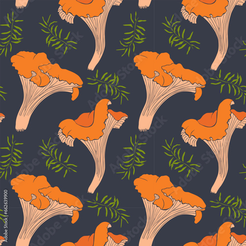 Chanterelles and moss pattern on dark background. 