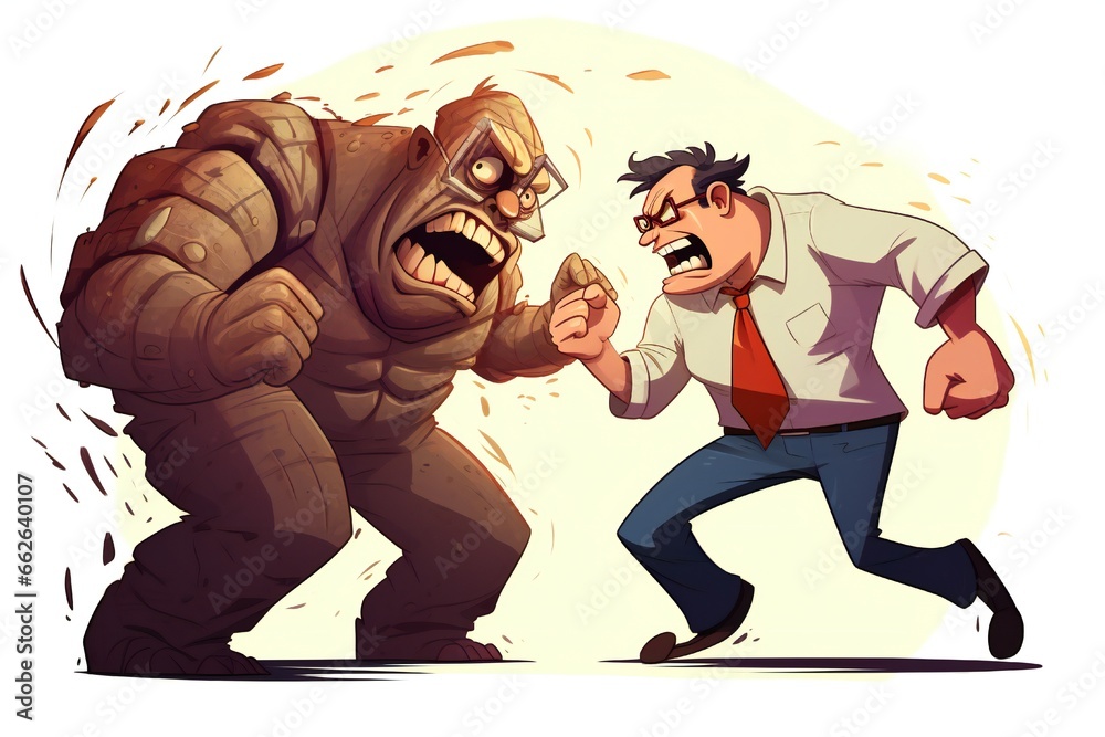 Fototapeta premium Two giant scary cartoon men fighting each other on white background Generative AI