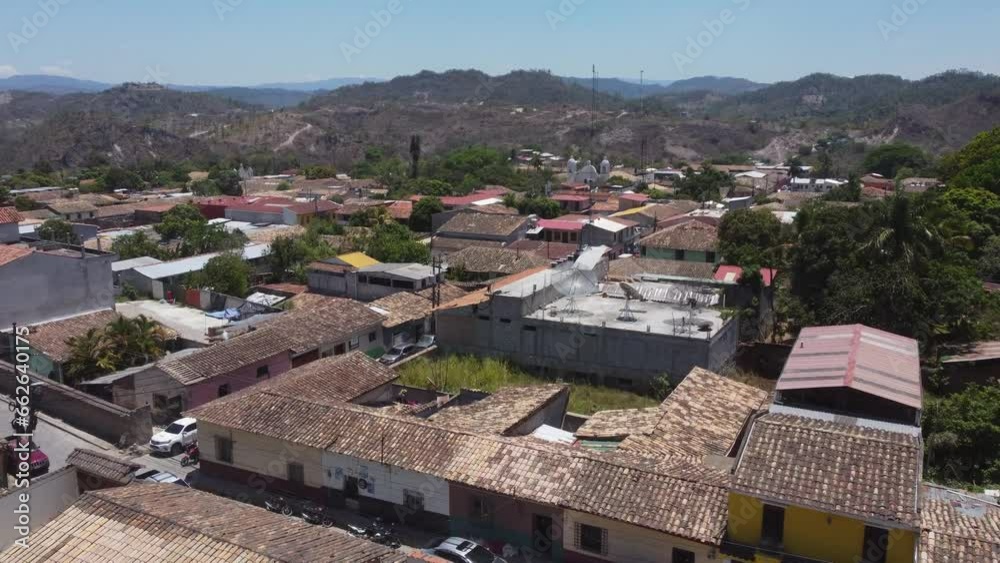 Low aerial reveals quaint town streets, buildings of Gracias, Honduras Low aerial reveals quaint town streets, buildings of Gracias, Honduras