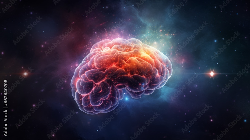 Space background with silhouette of human brain. The concept of artificial intelligence, cosmic consciousness.