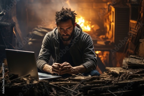 depressed man with laptop computer sitting on ruins and chaos © dashtik