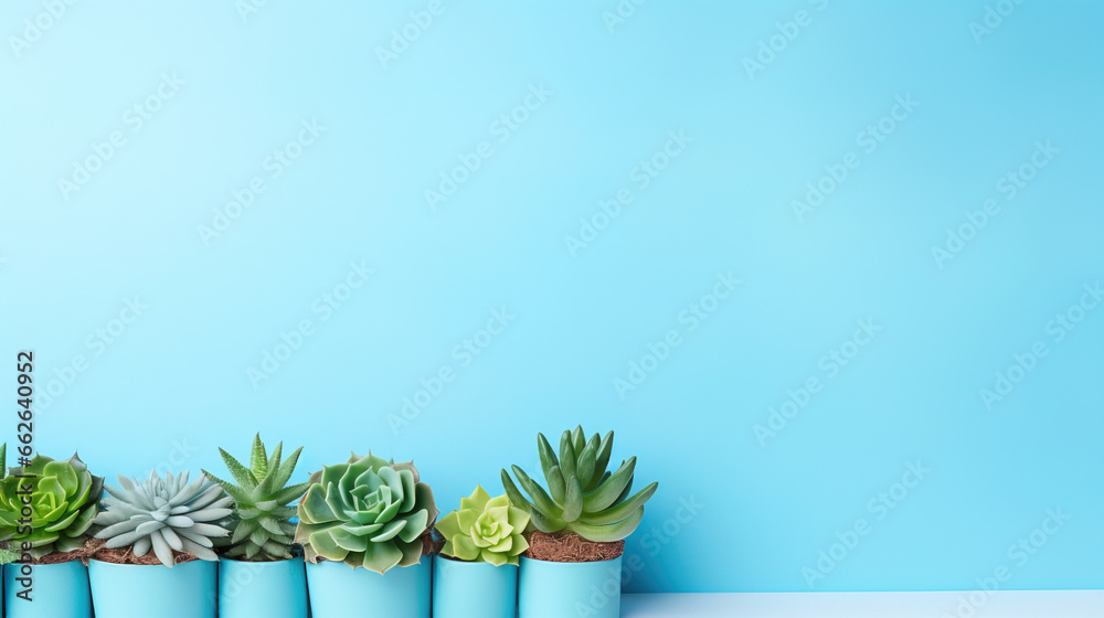 minimalistic blue background with succulents, with empty copy space minimalistic blue background with succulents, with empty copy space