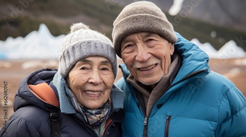 A couple of smiling elderly Argentines against the background of mountains.