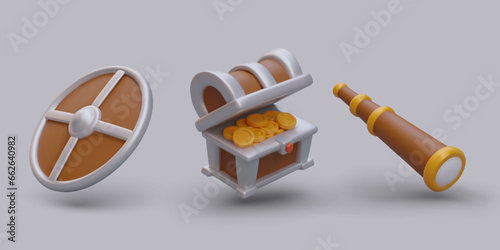 Realistic round shield, open chest with gold coins, folding spyglass. Vector image on colored background. Isolated icons. Pirate game. Set for web design
