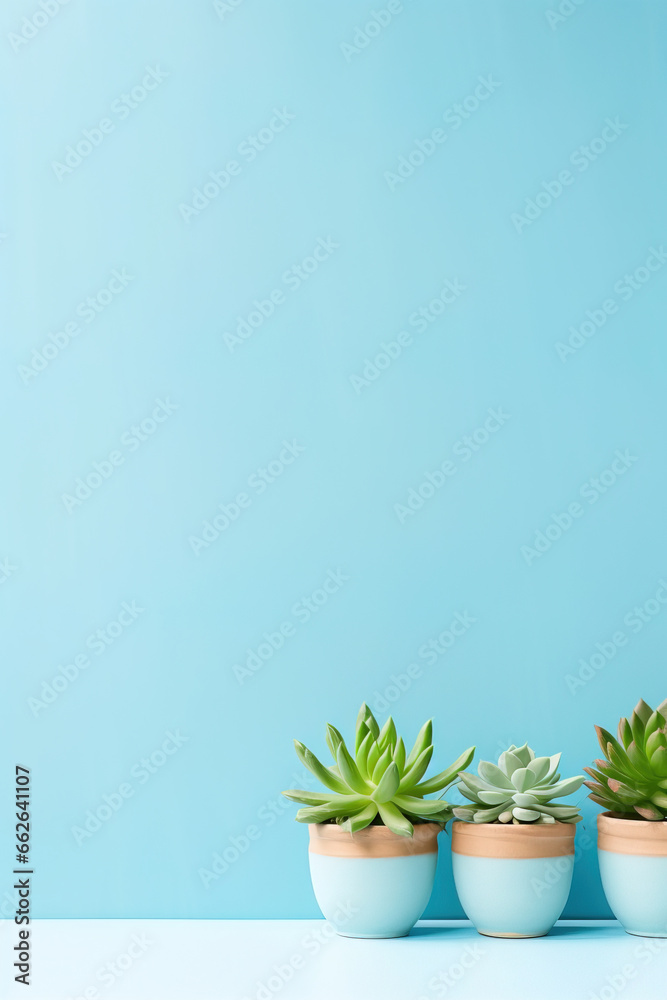 minimalistic blue background with succulents, with empty copy space minimalistic blue background with succulents, with empty copy space