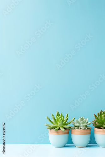 minimalistic blue background with succulents, with empty copy space