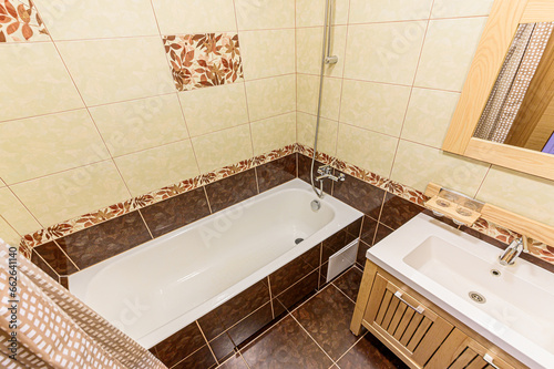 interior apartment room bathroom, sink, decorative elements, toilet