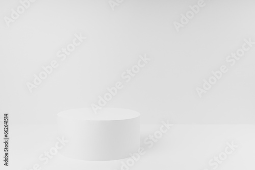 Abstract one white round podium for cosmetic products as mockup on white background. Stage for presentation products, gifts, goods, advertising, design, sale, text, display, showing in simple style.