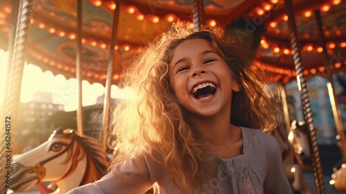 A joyful little girl laughing on a merry-go-round © mattegg