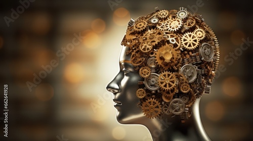 compelling image that symbolizes leadership and education by incorporating a human head made of gears and cogs. This visualizes the idea of shared knowledge and educational development,