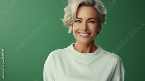 Friendly smiling middle-aged blonde woman isolated on green background.